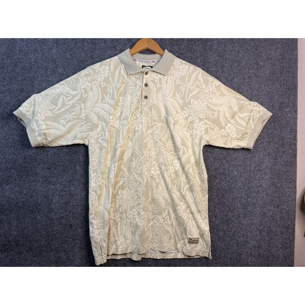 Vintage Tommy Bahama Polo Shirt Men's Medium Beige Floral Short Sleeve Tropical